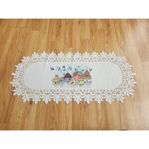 Lace Table Runner Birdhouses Spring Cottage 36.5x14 White Doily Decor Coquette